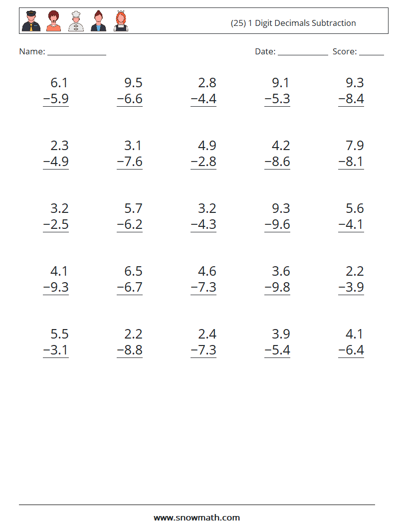 (25) 1 Digit Decimals Subtraction Maths Worksheets 16