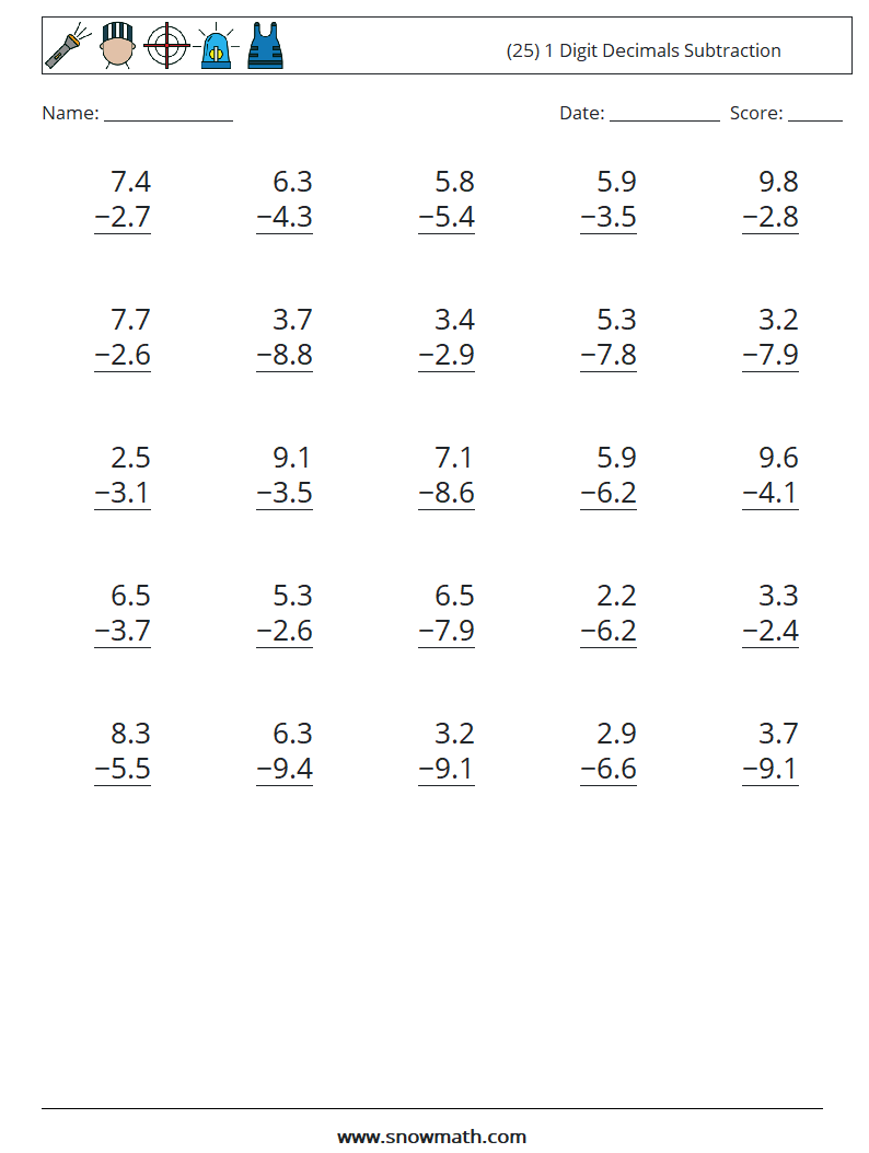 (25) 1 Digit Decimals Subtraction Maths Worksheets 17