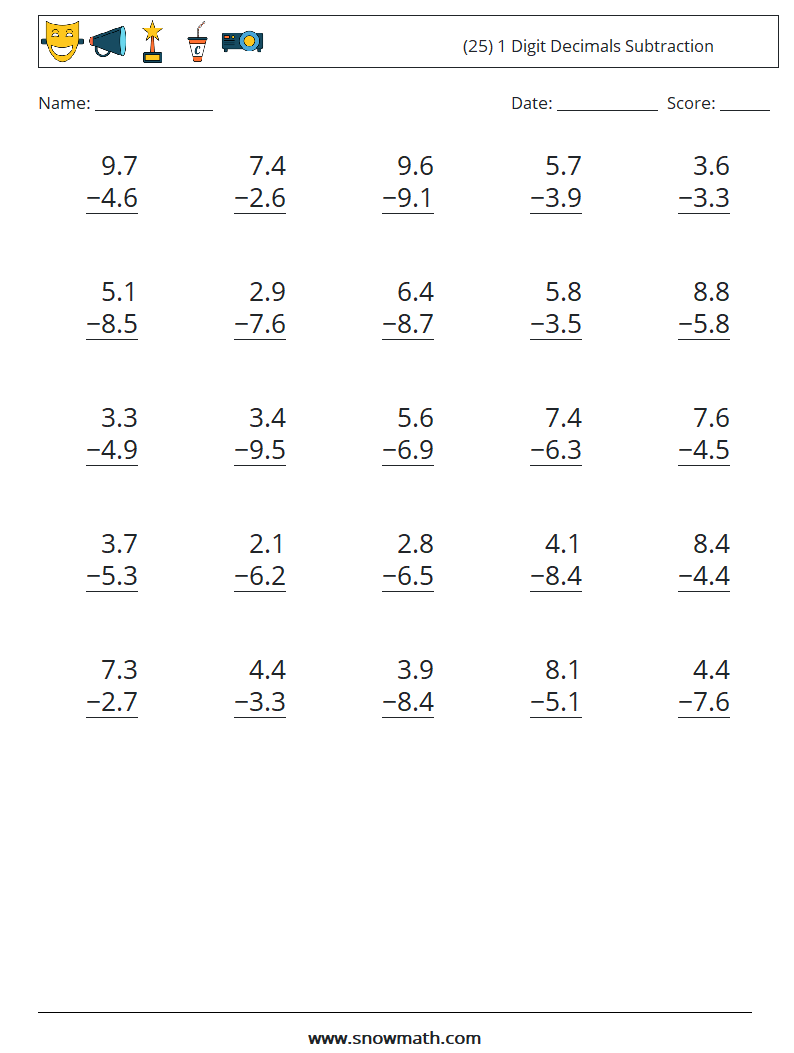 (25) 1 Digit Decimals Subtraction Maths Worksheets 18