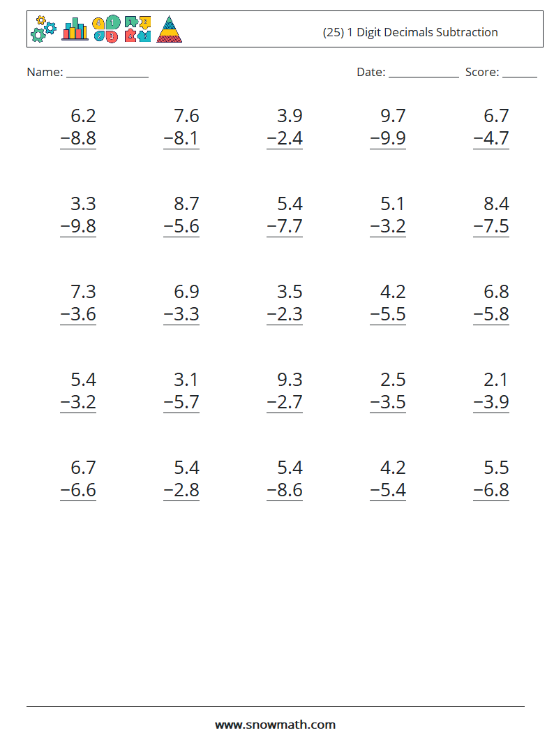 (25) 1 Digit Decimals Subtraction Maths Worksheets 2