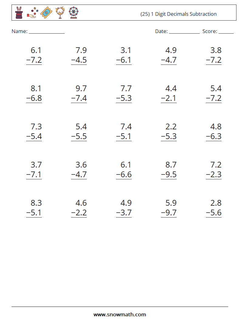 (25) 1 Digit Decimals Subtraction Maths Worksheets 5