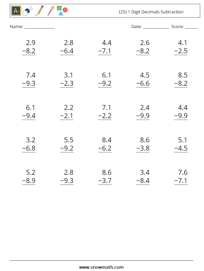 (25) 1 Digit Decimals Subtraction Maths Worksheets 6