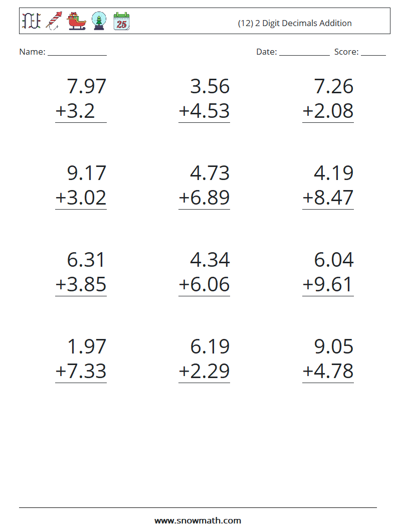 (12) 2 Digit Decimals Addition Maths Worksheets 1