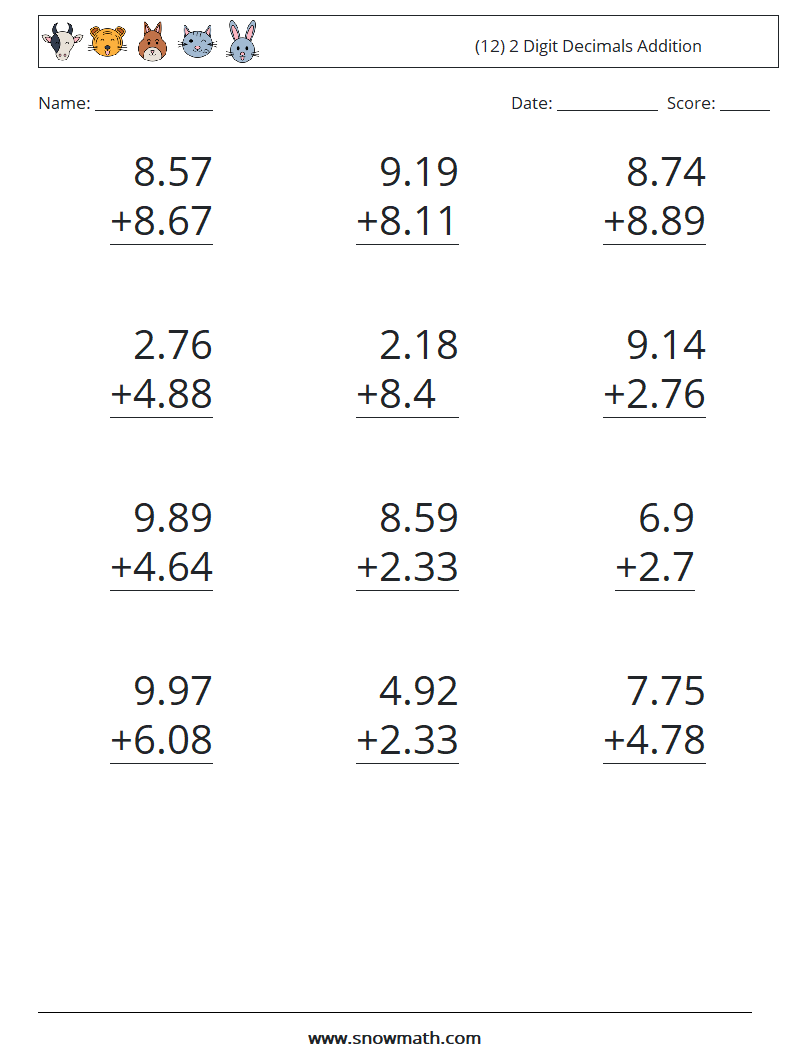 (12) 2 Digit Decimals Addition Maths Worksheets 10