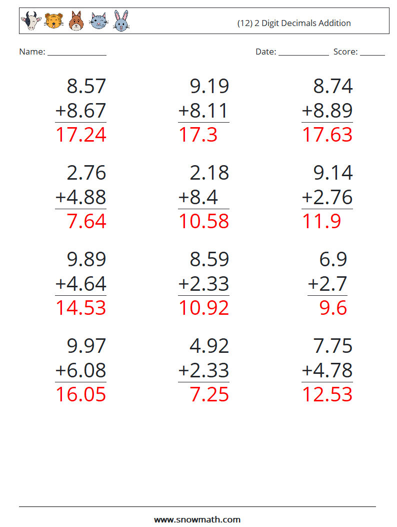 (12) 2 Digit Decimals Addition Maths Worksheets 10 Question, Answer