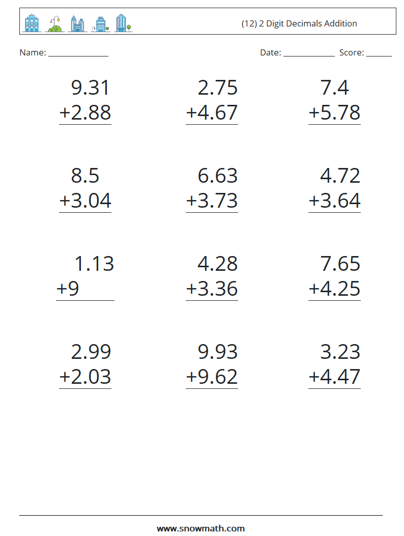 (12) 2 Digit Decimals Addition Maths Worksheets 11