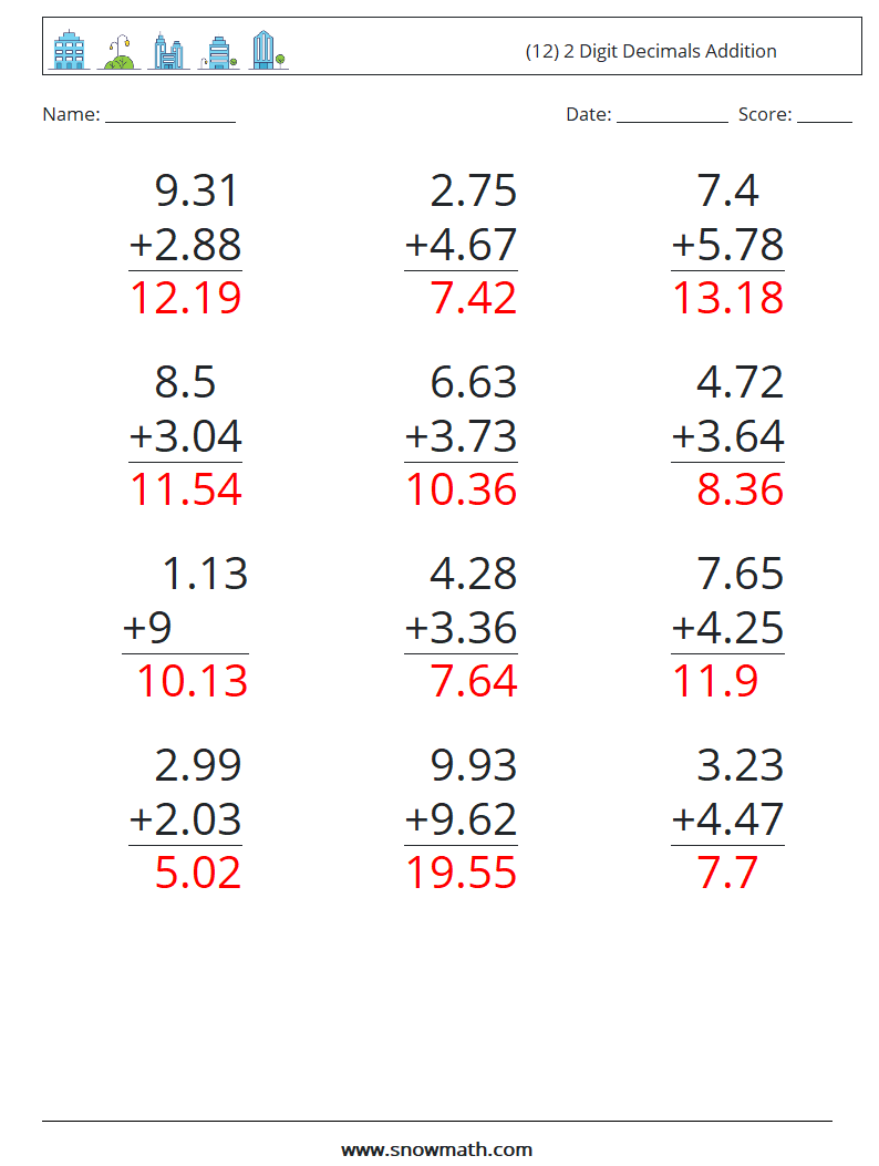 (12) 2 Digit Decimals Addition Maths Worksheets 11 Question, Answer