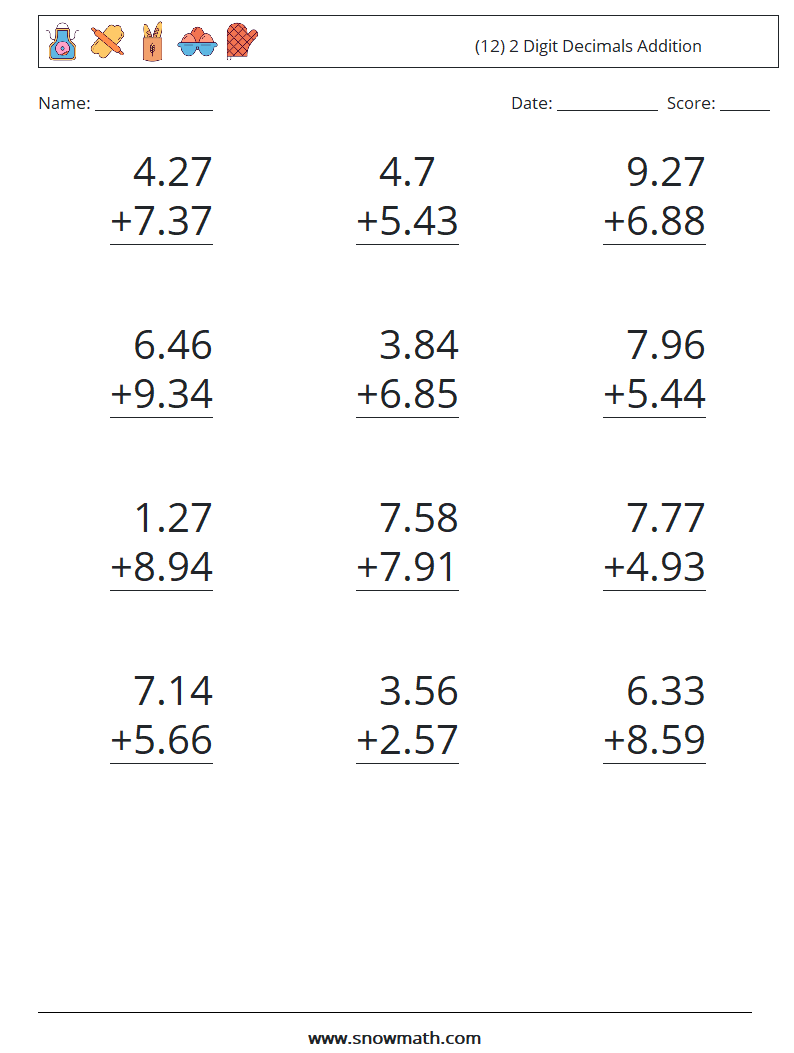 (12) 2 Digit Decimals Addition Maths Worksheets 12