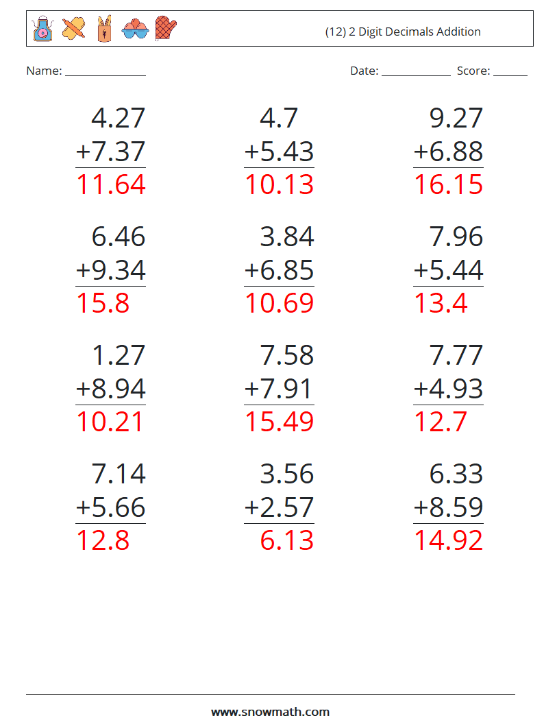 (12) 2 Digit Decimals Addition Maths Worksheets 12 Question, Answer