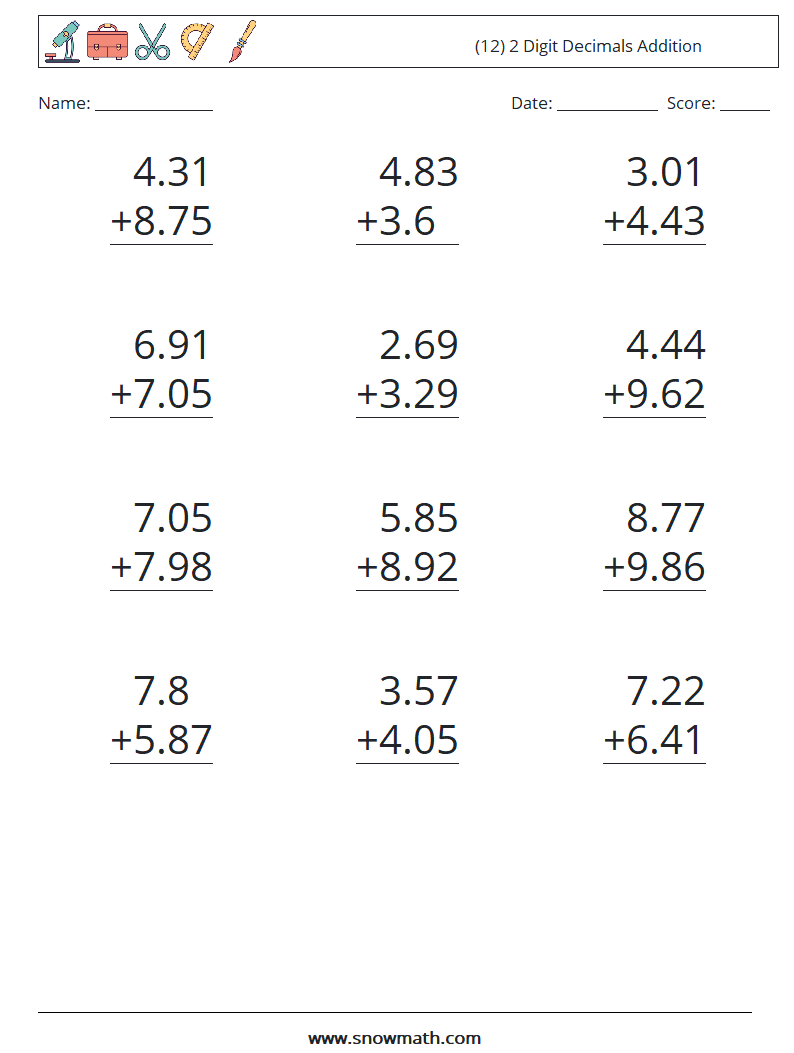 (12) 2 Digit Decimals Addition Maths Worksheets 13