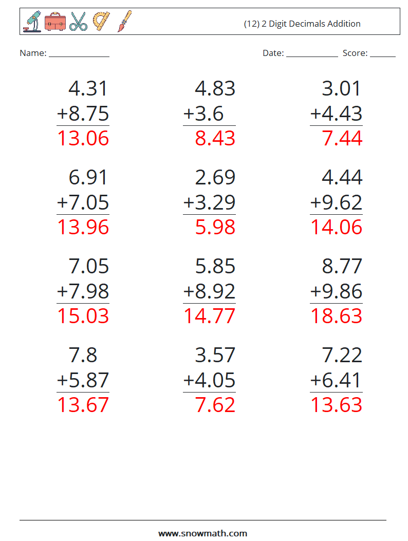 (12) 2 Digit Decimals Addition Maths Worksheets 13 Question, Answer