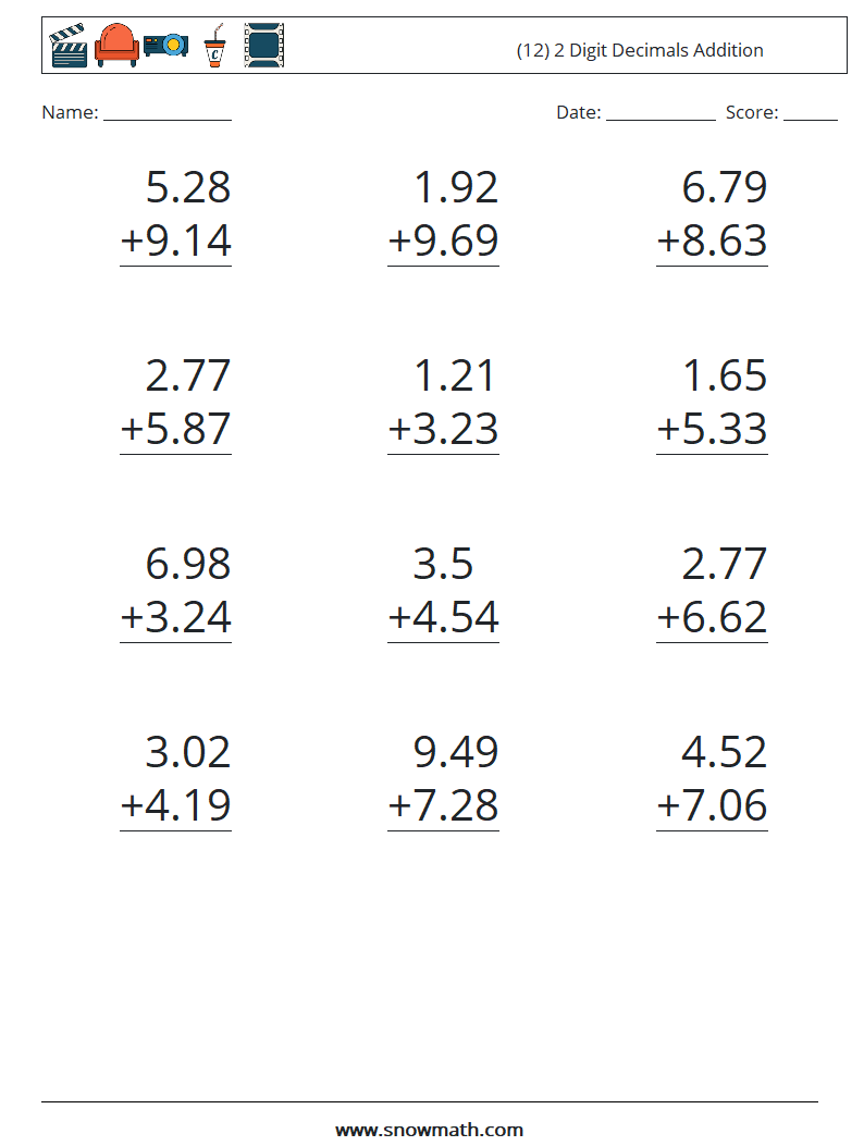 (12) 2 Digit Decimals Addition Maths Worksheets 14