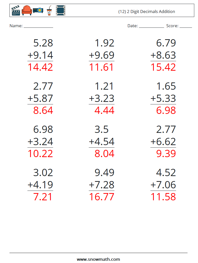 (12) 2 Digit Decimals Addition Maths Worksheets 14 Question, Answer