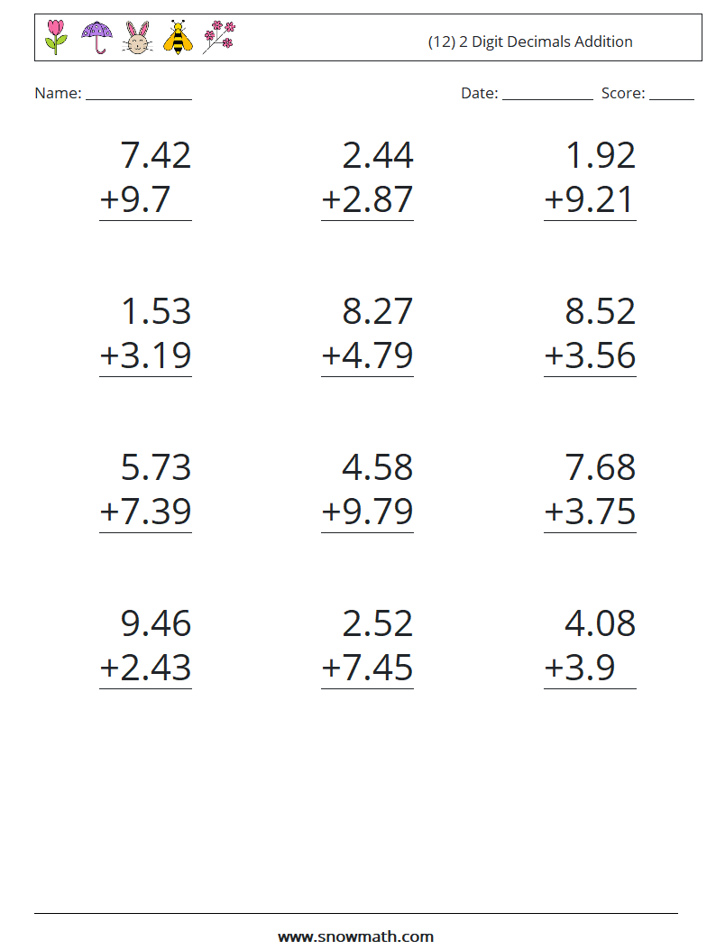 (12) 2 Digit Decimals Addition Maths Worksheets 15