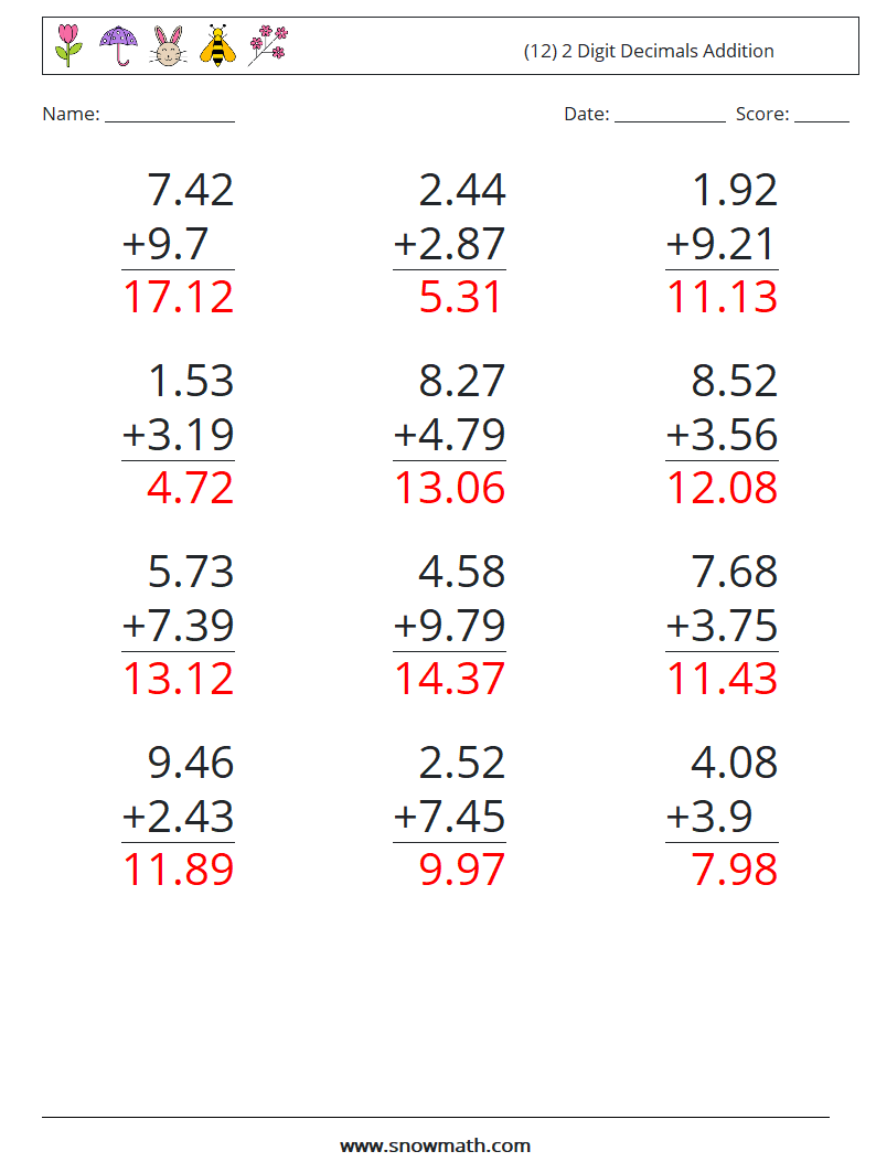 (12) 2 Digit Decimals Addition Maths Worksheets 15 Question, Answer