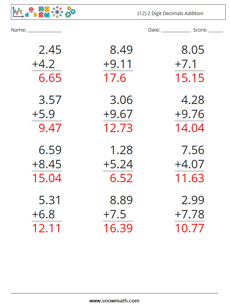 (12) 2 Digit Decimals Addition Maths Worksheets 16 Question, Answer