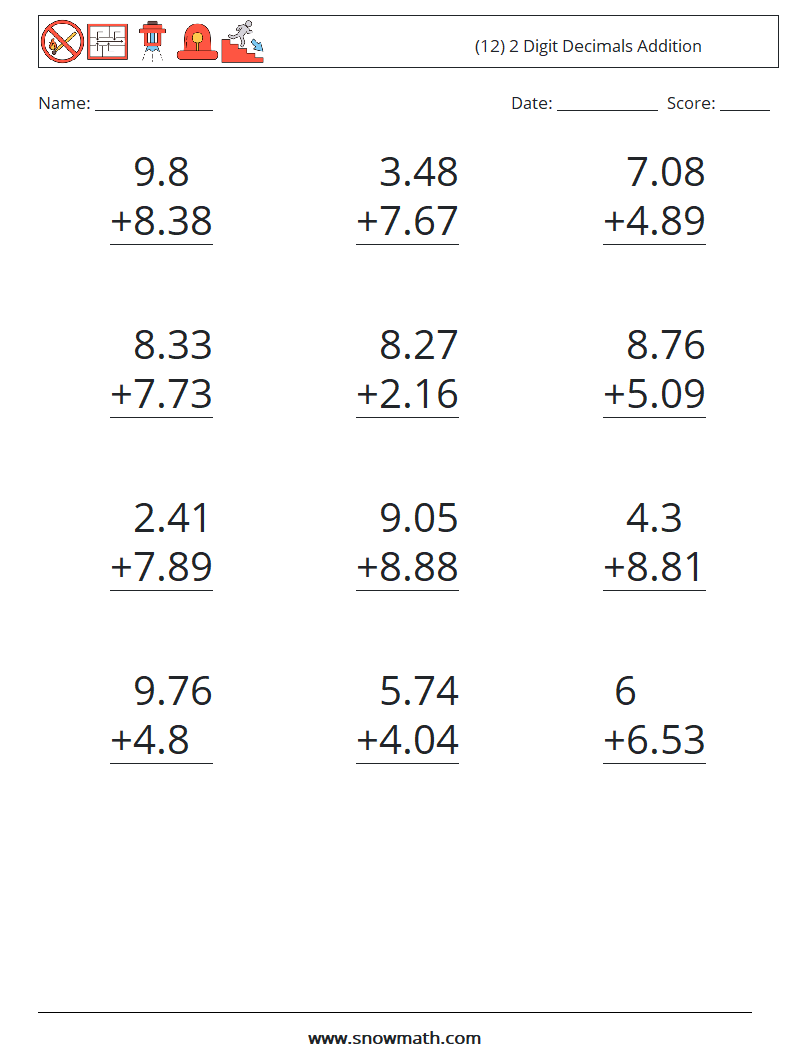 (12) 2 Digit Decimals Addition Maths Worksheets 17