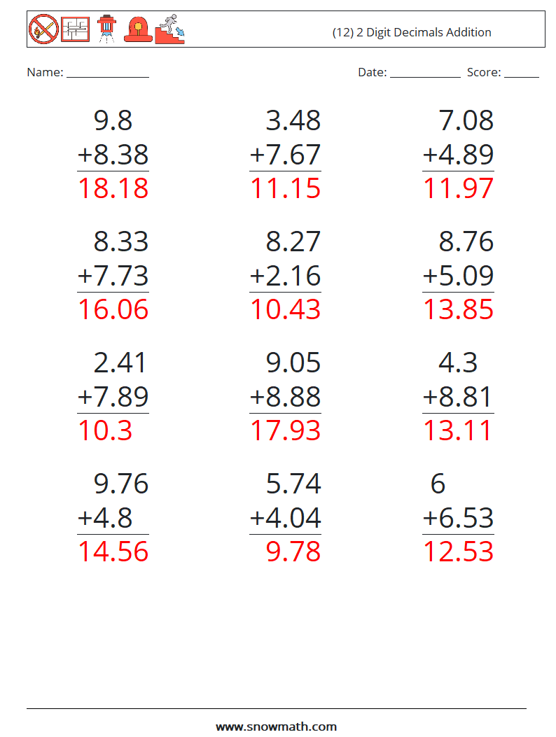 (12) 2 Digit Decimals Addition Maths Worksheets 17 Question, Answer