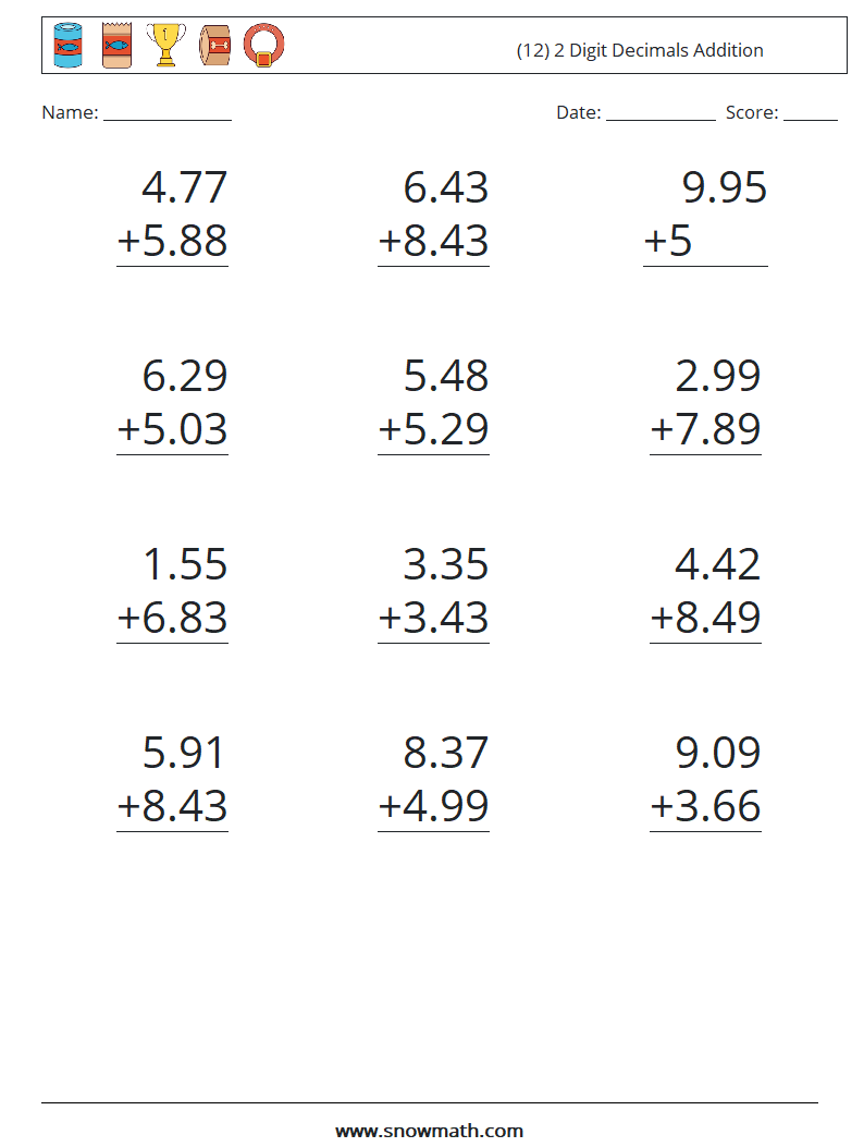 (12) 2 Digit Decimals Addition Maths Worksheets 18