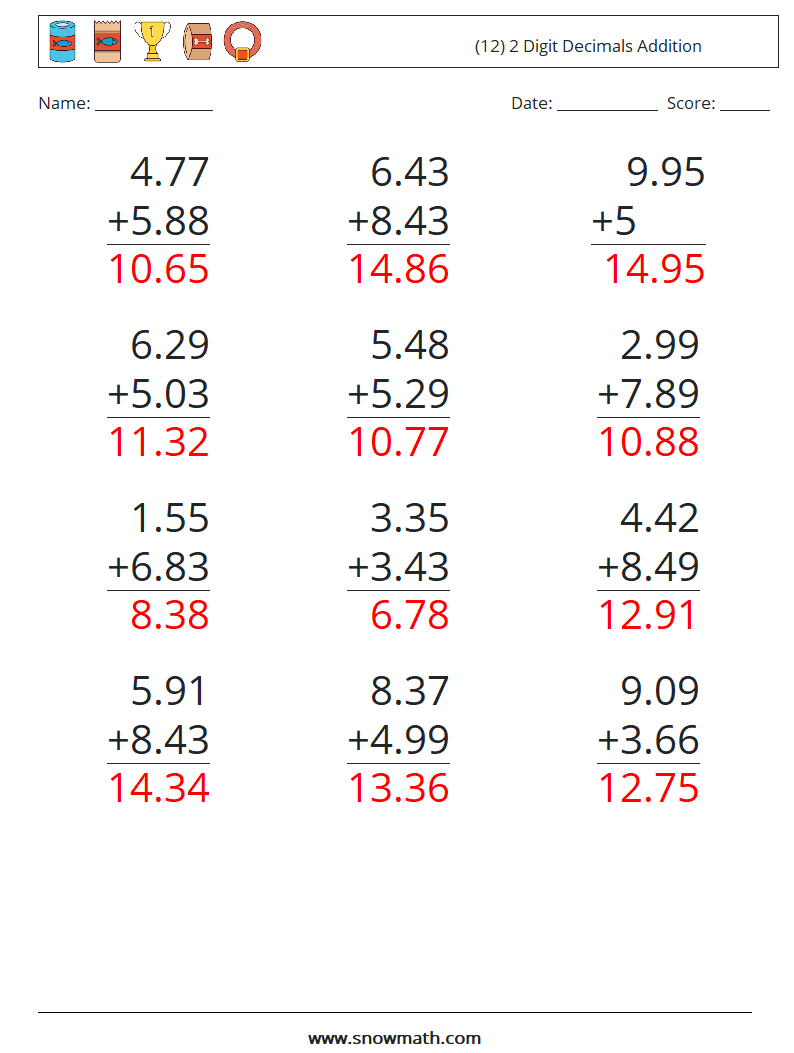 (12) 2 Digit Decimals Addition Maths Worksheets 18 Question, Answer