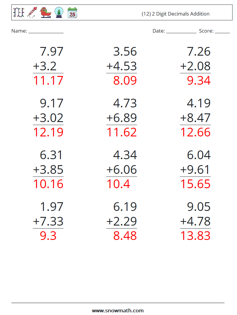 (12) 2 Digit Decimals Addition Maths Worksheets 1 Question, Answer