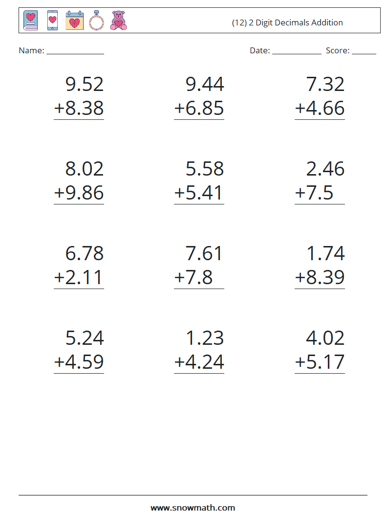 (12) 2 Digit Decimals Addition Maths Worksheets 2