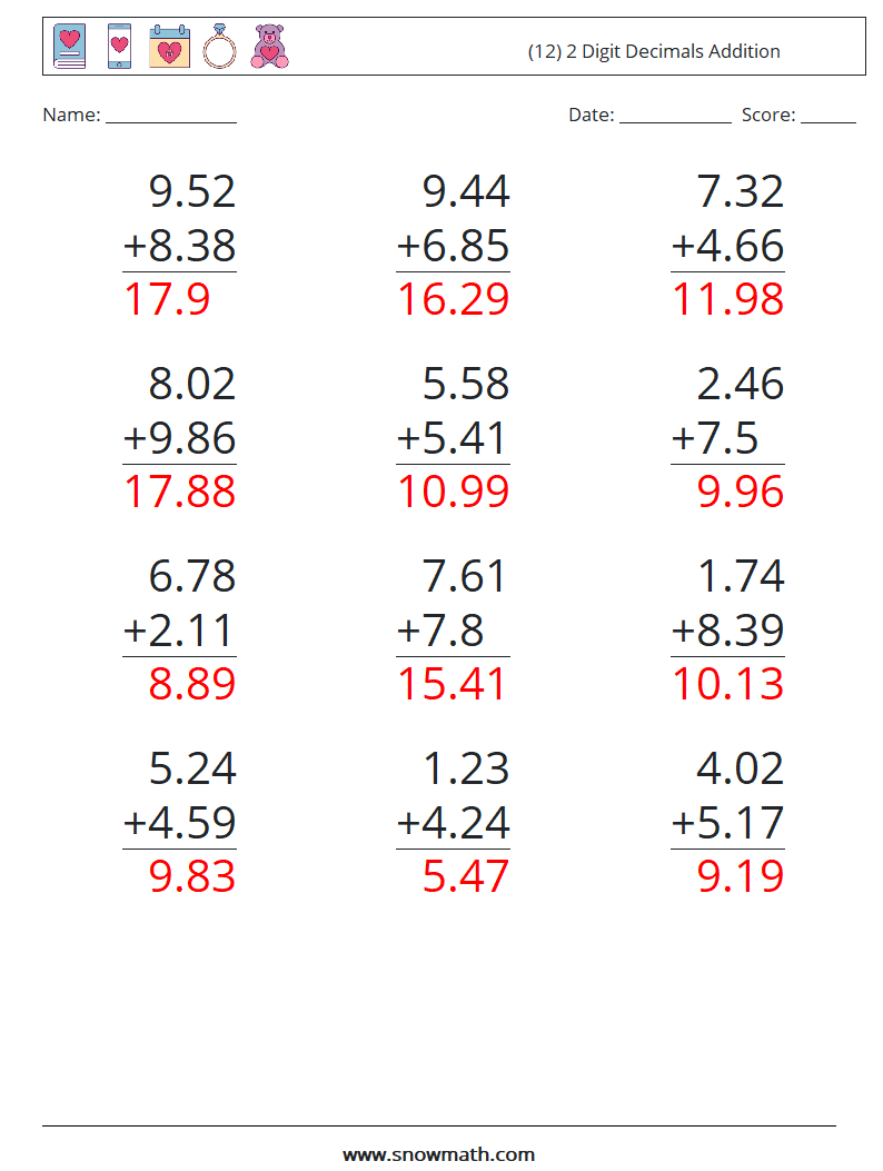 (12) 2 Digit Decimals Addition Maths Worksheets 2 Question, Answer