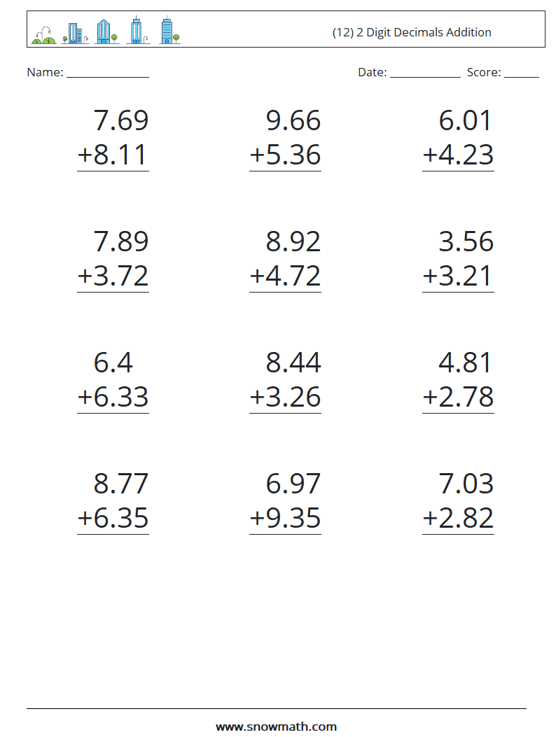 (12) 2 Digit Decimals Addition Maths Worksheets 4