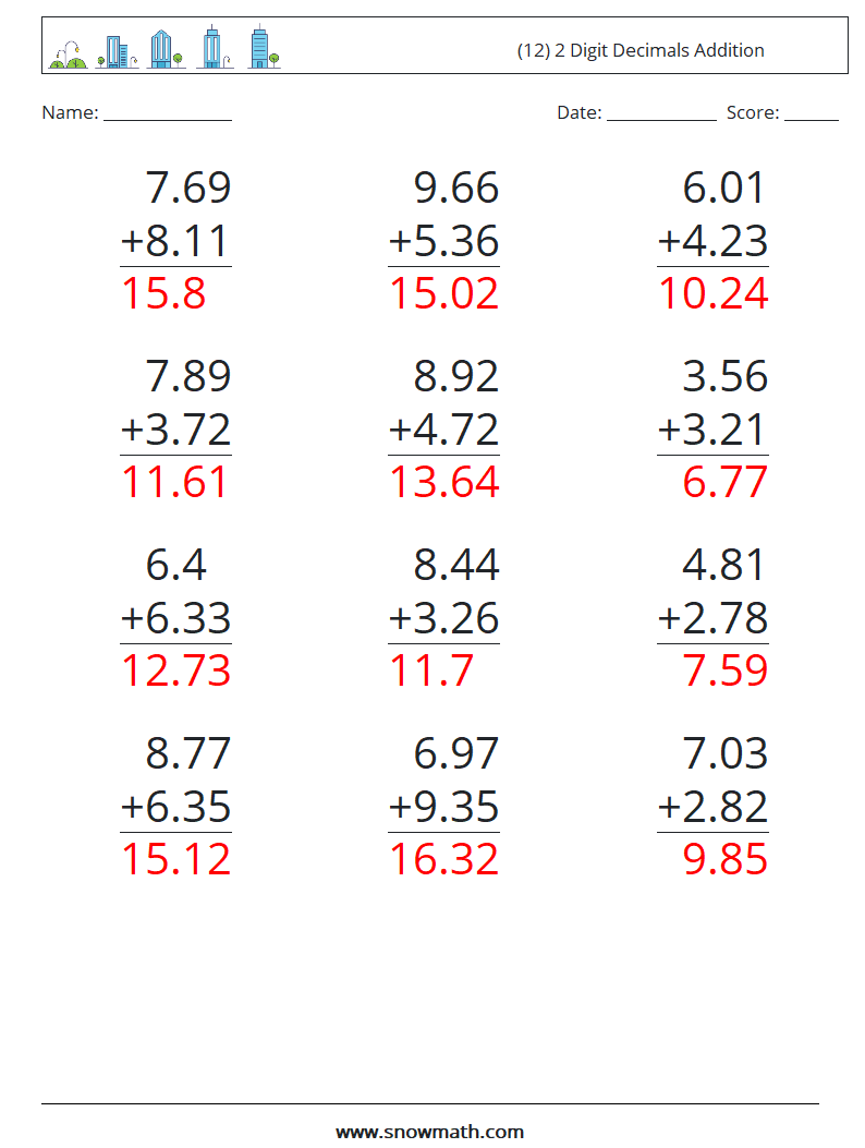 (12) 2 Digit Decimals Addition Maths Worksheets 4 Question, Answer