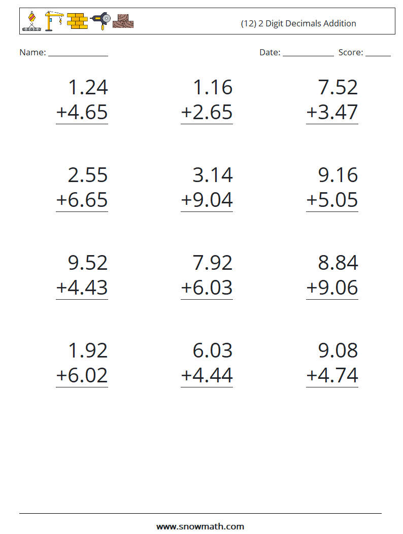 (12) 2 Digit Decimals Addition Maths Worksheets 5