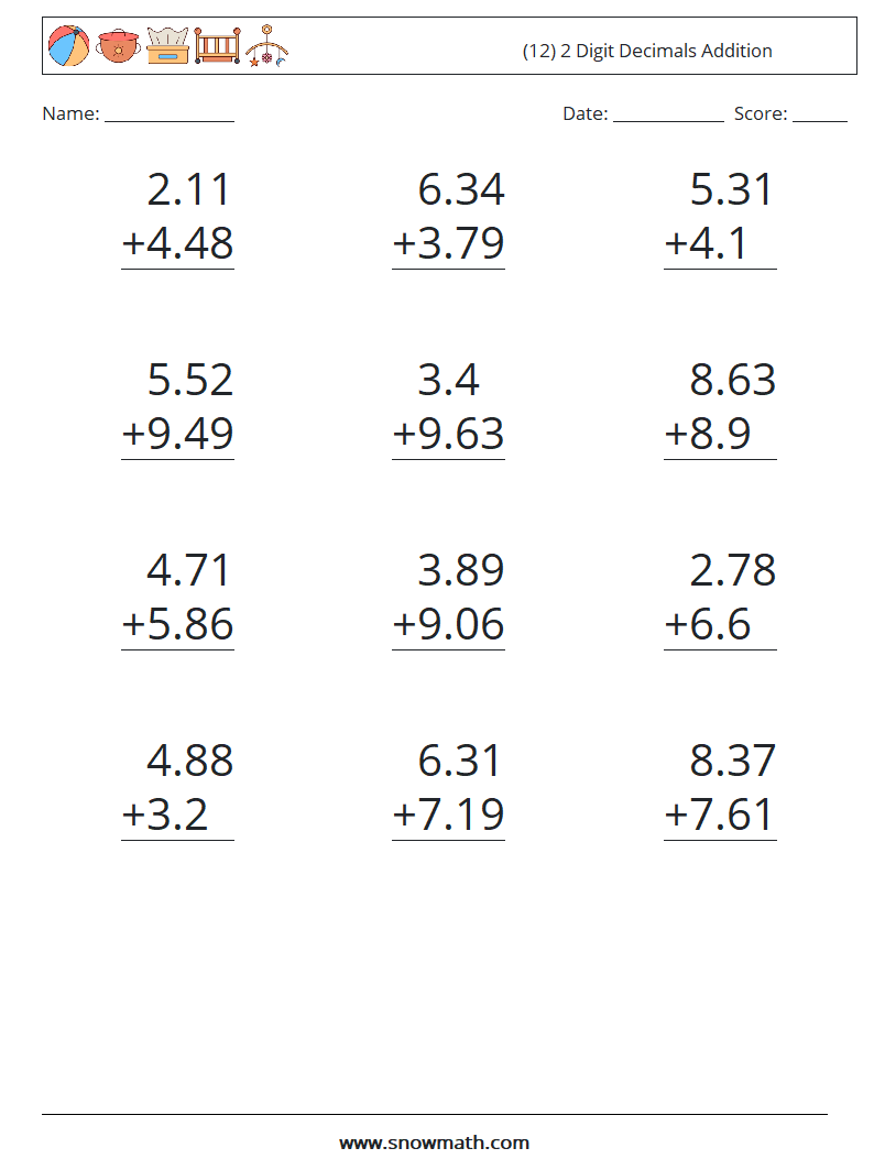 (12) 2 Digit Decimals Addition Maths Worksheets 6