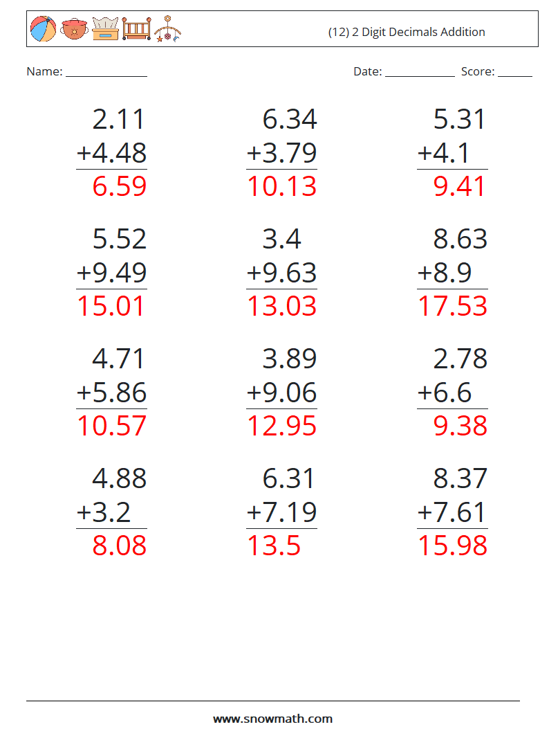 (12) 2 Digit Decimals Addition Maths Worksheets 6 Question, Answer