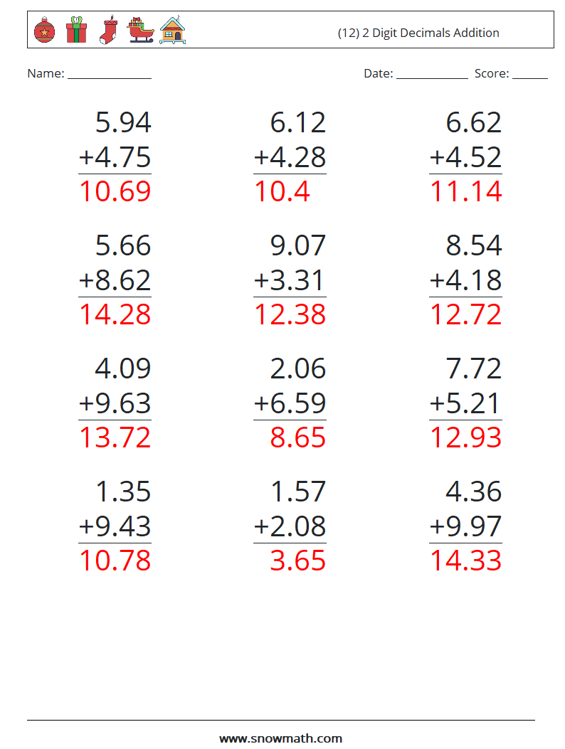 (12) 2 Digit Decimals Addition Maths Worksheets 8 Question, Answer