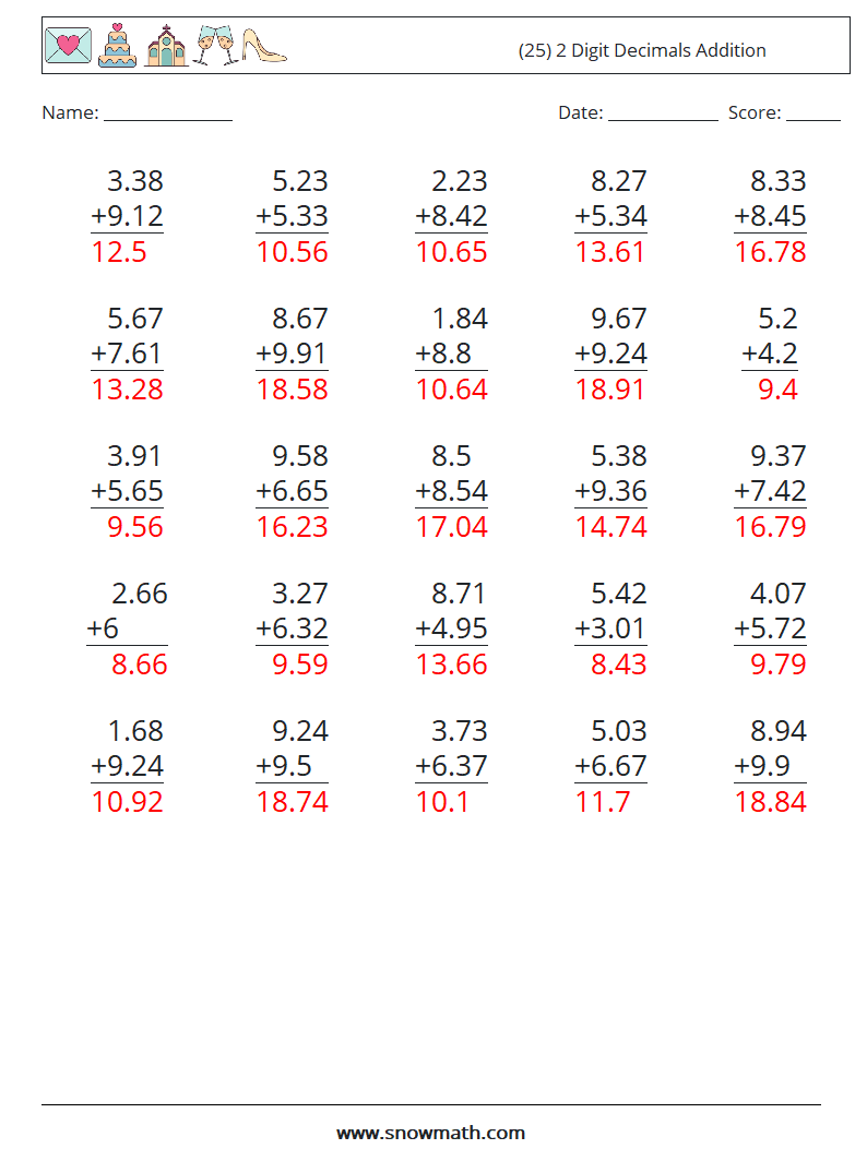 (25) 2 Digit Decimals Addition Maths Worksheets 11 Question, Answer