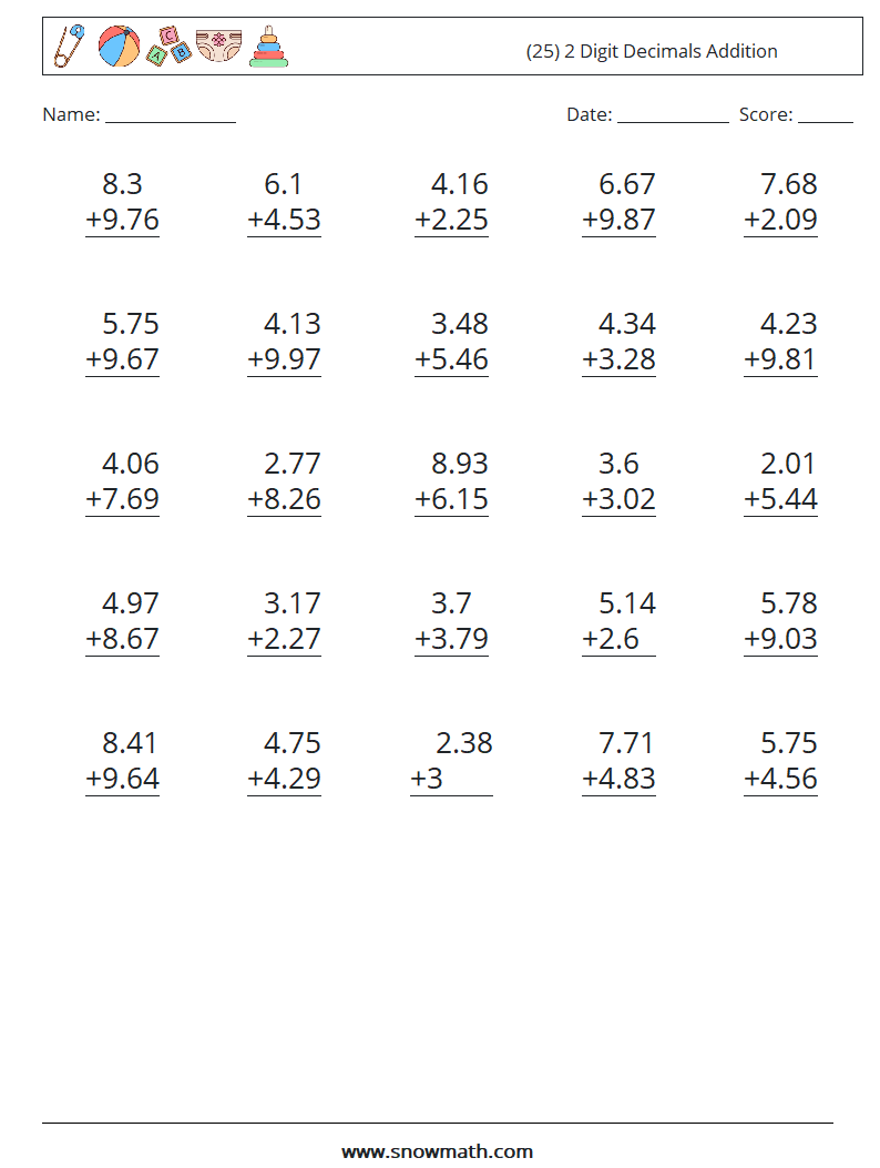 (25) 2 Digit Decimals Addition Maths Worksheets 12