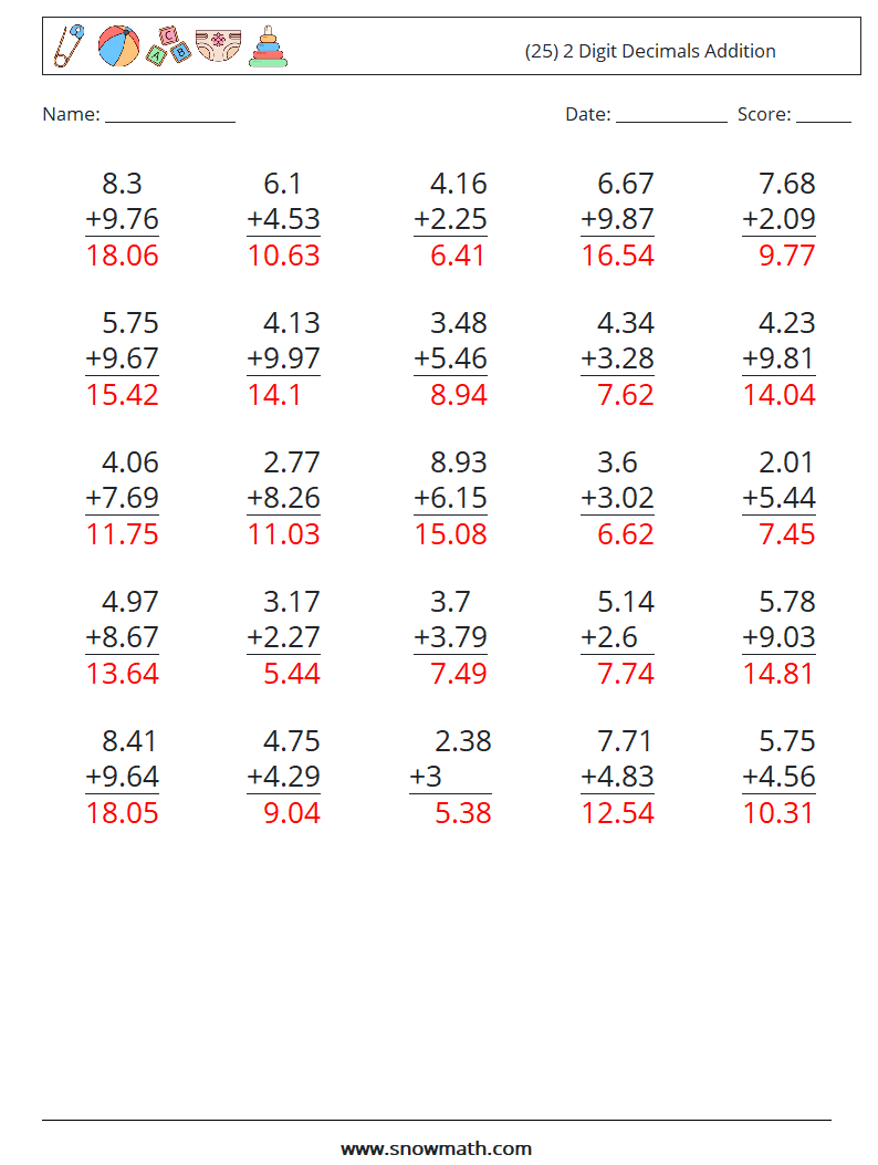 (25) 2 Digit Decimals Addition Maths Worksheets 12 Question, Answer