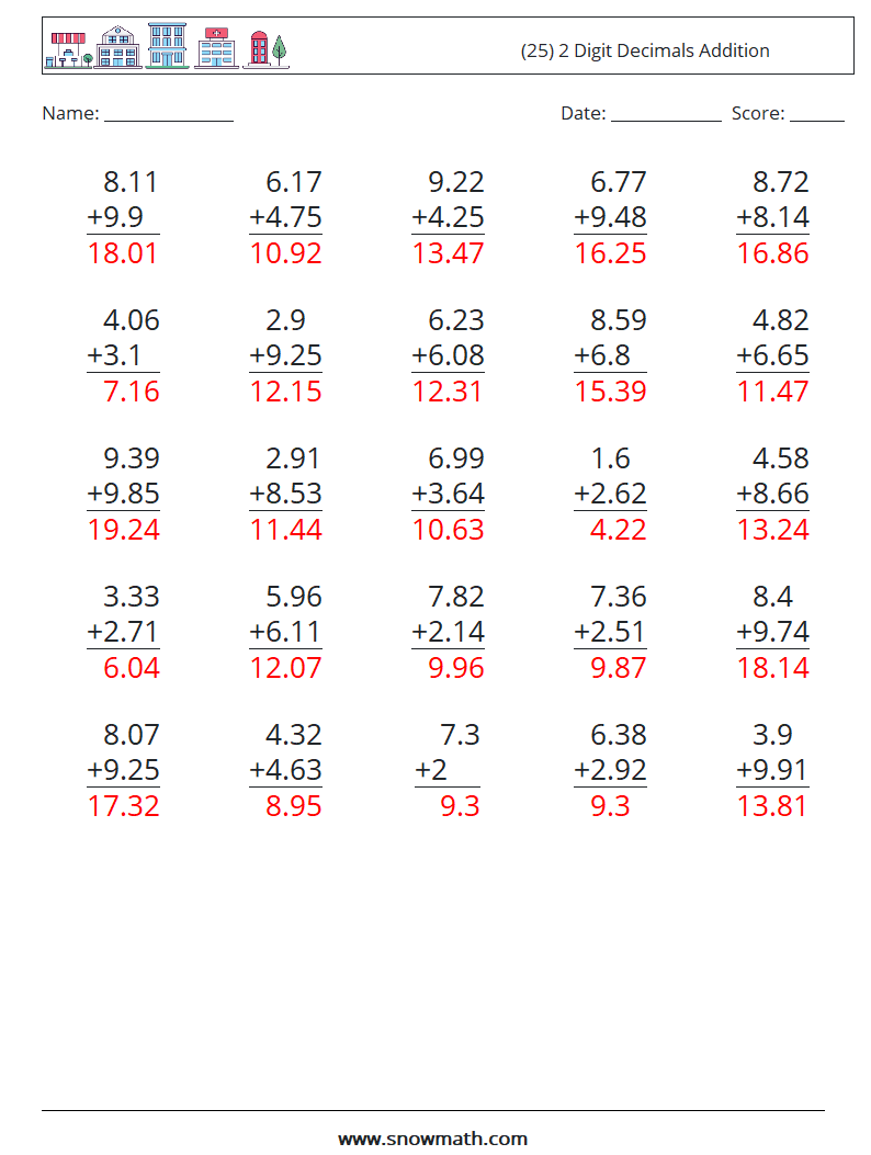 (25) 2 Digit Decimals Addition Maths Worksheets 14 Question, Answer