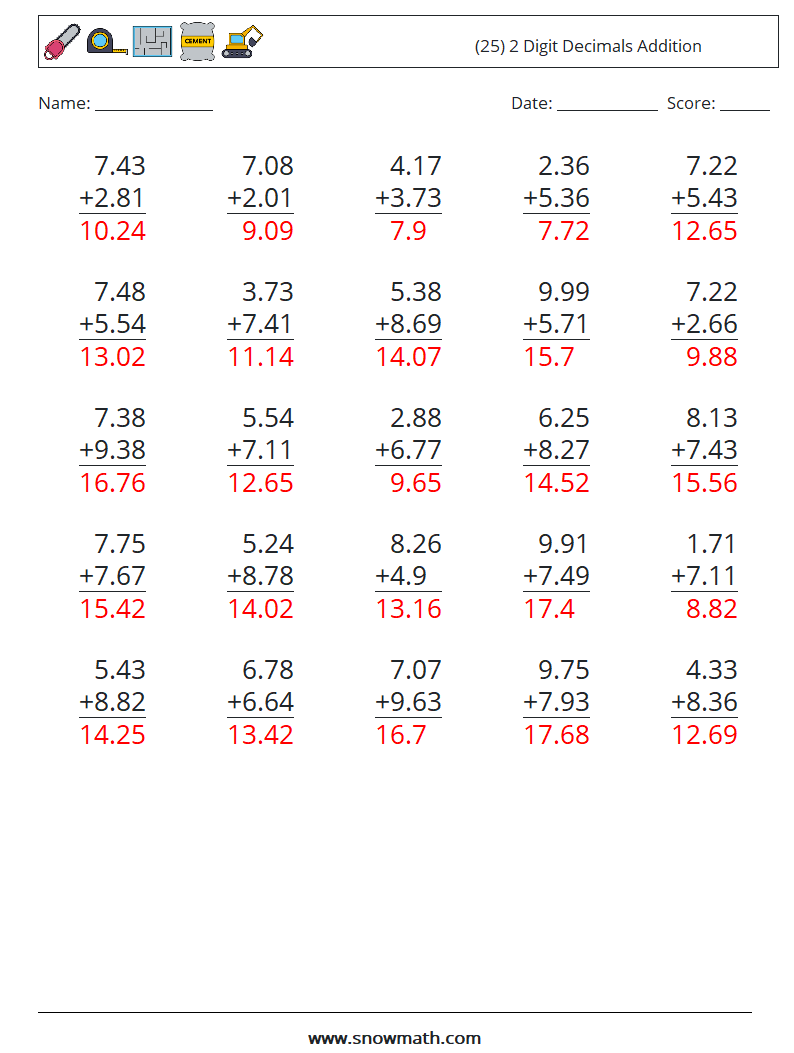 (25) 2 Digit Decimals Addition Maths Worksheets 16 Question, Answer