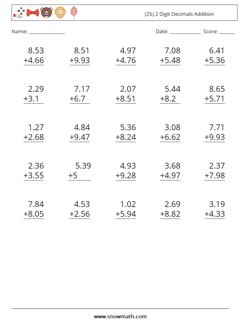 (25) 2 Digit Decimals Addition Maths Worksheets 17