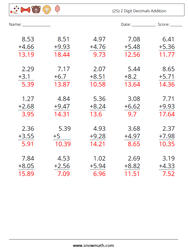 (25) 2 Digit Decimals Addition Maths Worksheets 17 Question, Answer