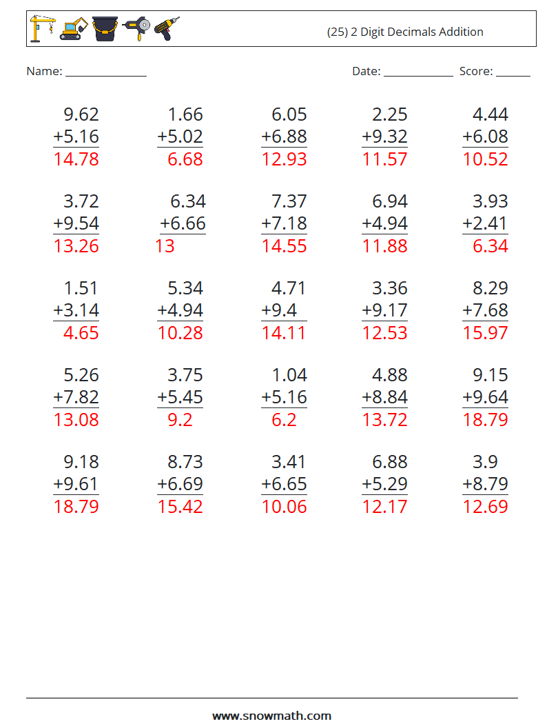 (25) 2 Digit Decimals Addition Maths Worksheets 18 Question, Answer