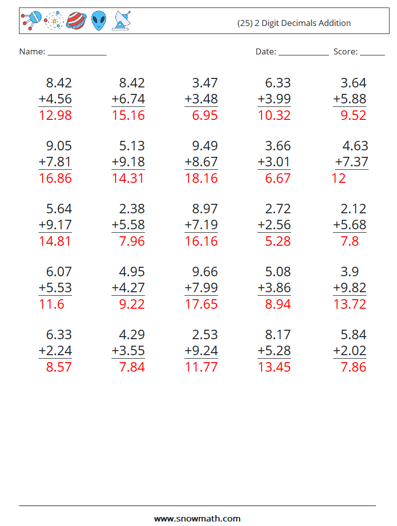 (25) 2 Digit Decimals Addition Maths Worksheets 1 Question, Answer