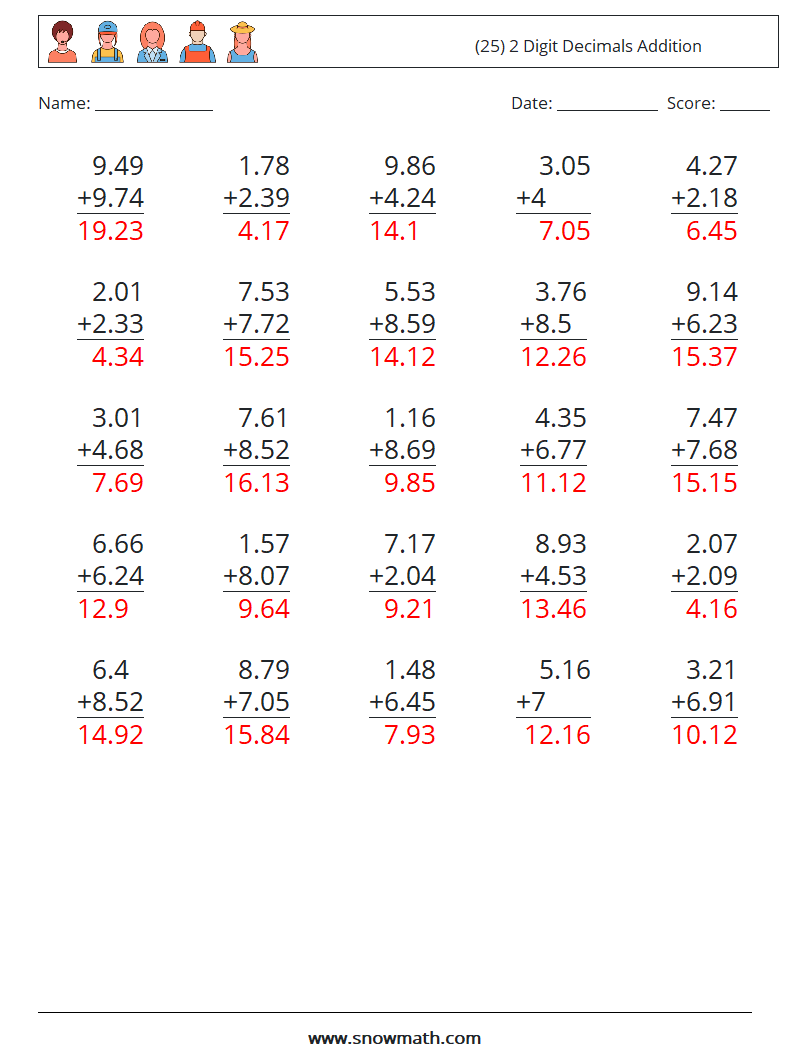 (25) 2 Digit Decimals Addition Maths Worksheets 2 Question, Answer