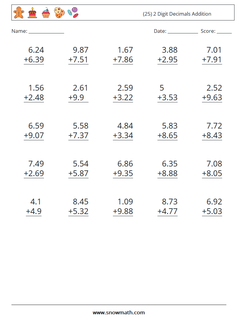 (25) 2 Digit Decimals Addition Maths Worksheets 3