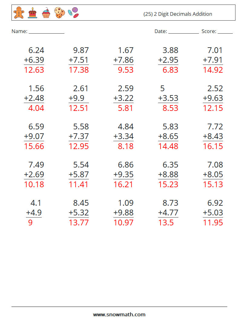 (25) 2 Digit Decimals Addition Maths Worksheets 3 Question, Answer