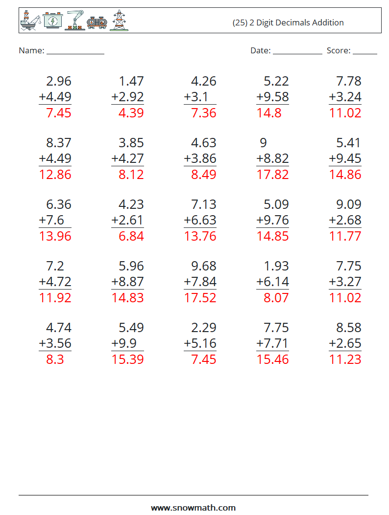 (25) 2 Digit Decimals Addition Maths Worksheets 4 Question, Answer