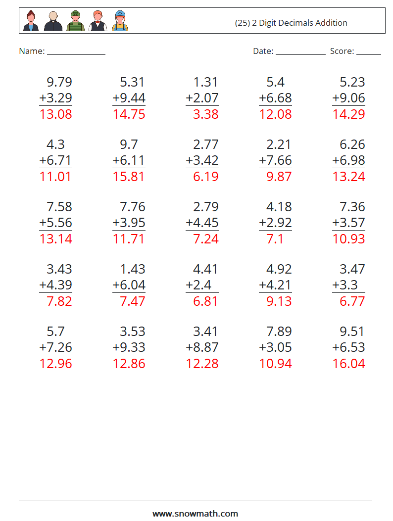 (25) 2 Digit Decimals Addition Maths Worksheets 5 Question, Answer