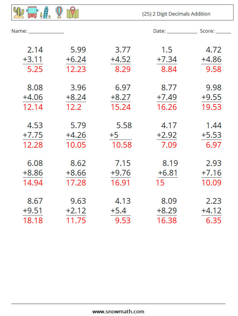 (25) 2 Digit Decimals Addition Maths Worksheets 6 Question, Answer