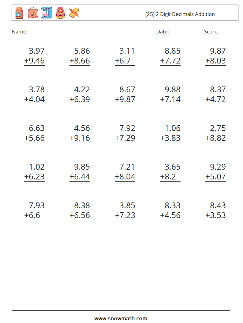 (25) 2 Digit Decimals Addition Maths Worksheets 7