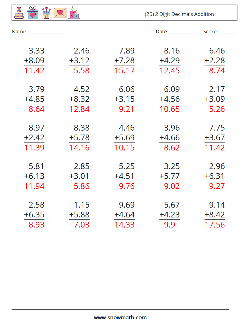 (25) 2 Digit Decimals Addition Maths Worksheets 9 Question, Answer
